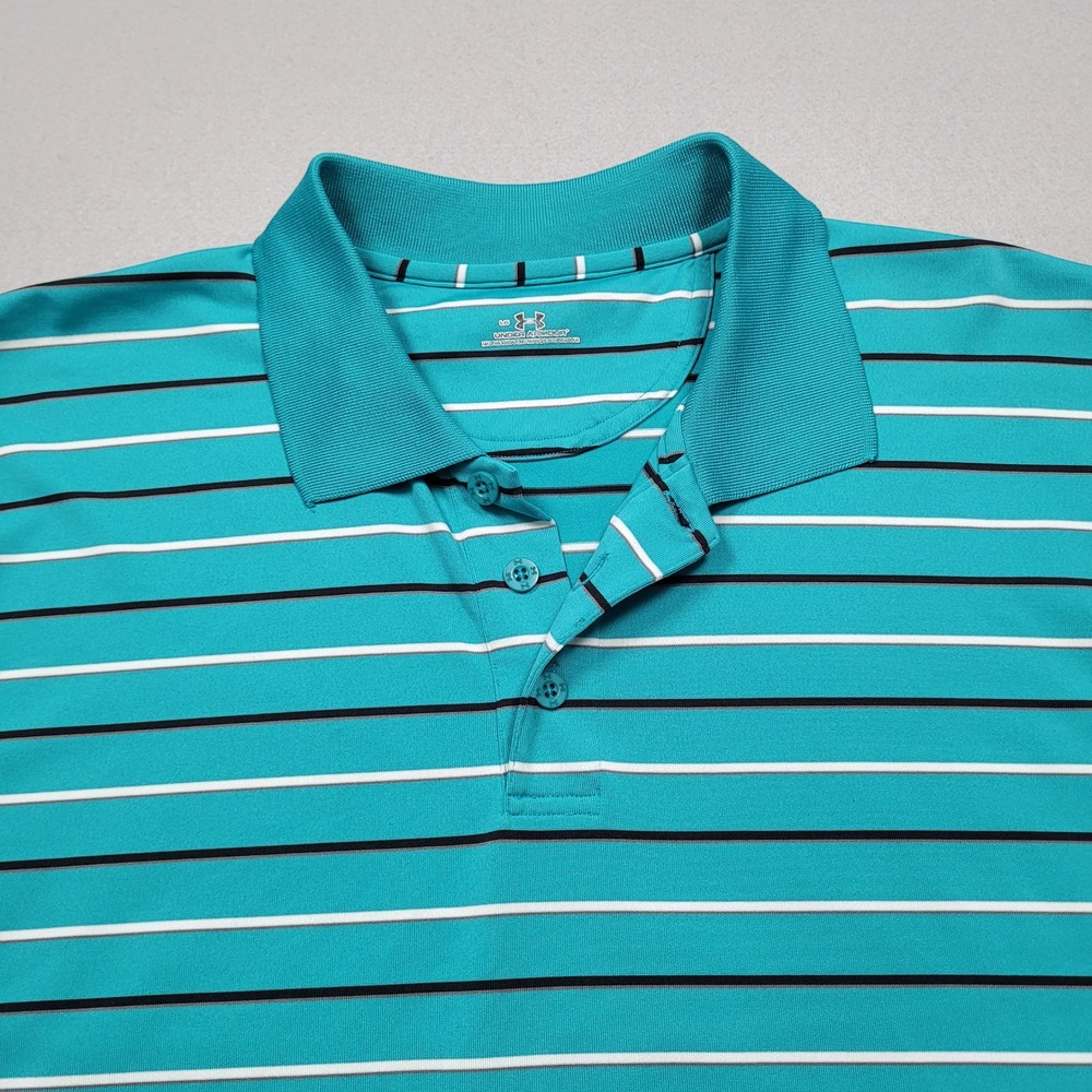 Under Armour Mens Striped Performance Polo Shirt Teal Blue Large LG Short Sleeve